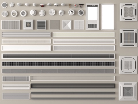 现代空调出风口 吸顶空调 排风口 烟感喷淋头su模型