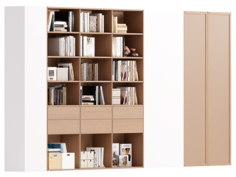 现代原木风书柜 满墙书柜su模型