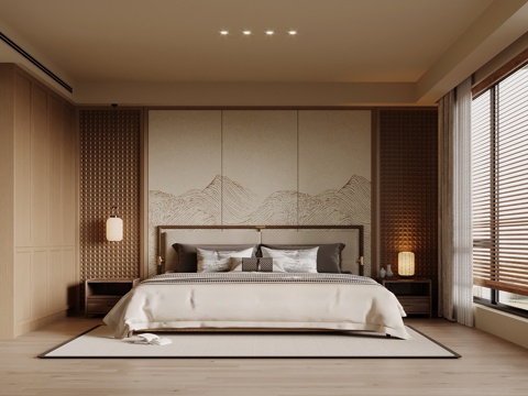 新中式卧室 双人床su模型