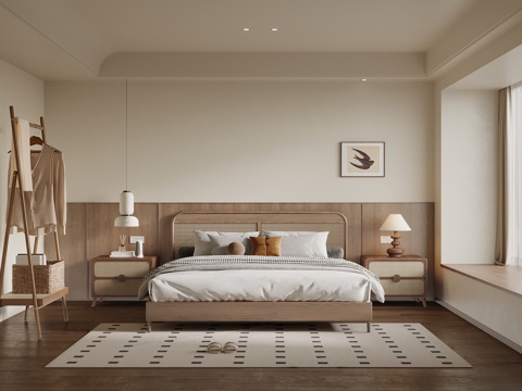 中古风卧室 双人床 床头柜 衣架su模型