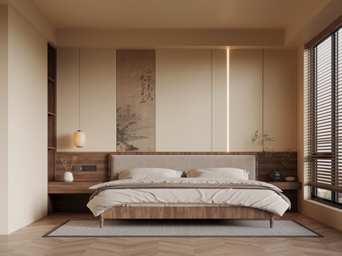 新中式卧室 双人床su模型