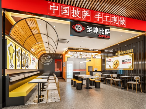 现代汉堡披萨店 快餐店餐饮店 餐桌椅卡座 广告软膜发光灯箱su模型