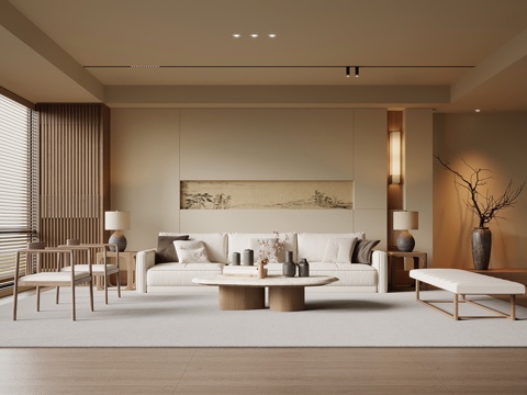 宋式风客厅 沙发背景墙 沙发茶几组合su模型