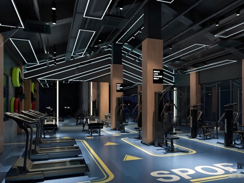 工业风健身房 跑步机 健身器材su模型