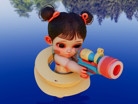 带游泳圈手拿挤水枪的小女孩su模型