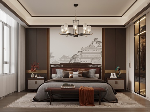 新中式卧室 主卧 双人床 床头柜 衣柜 床头背景墙su模型