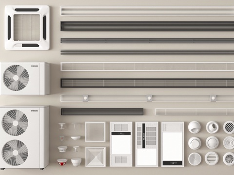 现代空调出风口 吸顶空调 排风口 烟感喷淋头 空调外机su模型