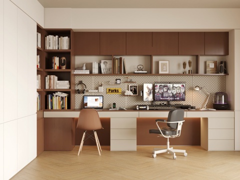 中古风书房 复古风书房 新中式书房 卧室书房 书房书柜装饰柜su模型