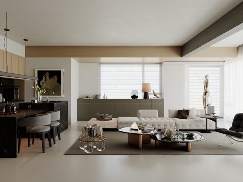 现代意式客餐厅 意式轻奢客餐厅 横厅大平层 沙发茶几组合su模型