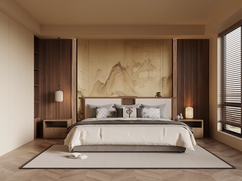 新中式卧室 双人床 衣柜su模型