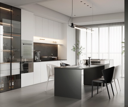 现代极简餐厅 餐桌椅 酒柜 餐边柜su模型