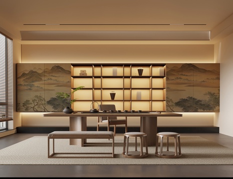 新中式茶室 茶桌椅su模型