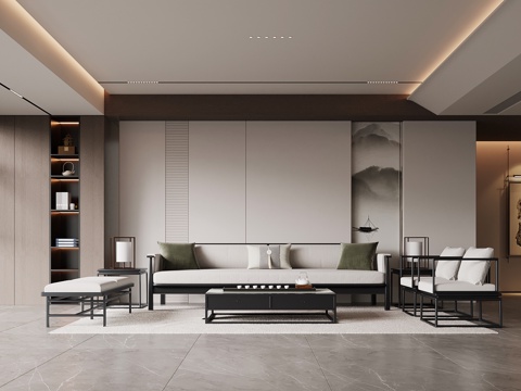 新中式客厅 沙发 茶几组合su模型