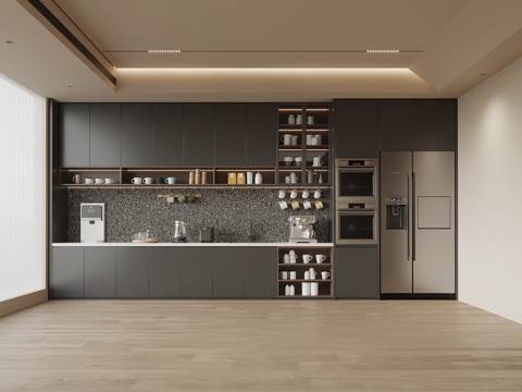 现代茶水间 茶水柜 咖啡机直饮机 冰箱su模型