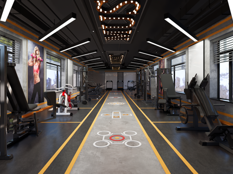 工业风健身房 跑步机 健身器材su模型