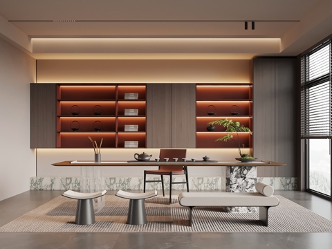 现代意式茶室 茶柜 茶桌椅su模型