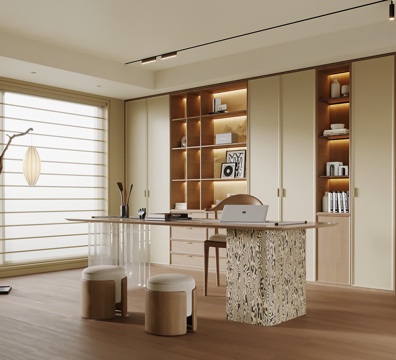 新中式书房 书柜 书桌椅su模型