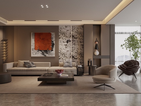 现代轻奢客厅 黑白灰客厅 样板间客厅 大户型客厅 意式客厅su模型