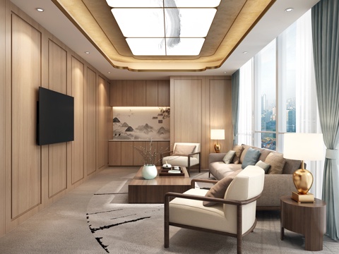  新中式会客厅 接待区3d模型 