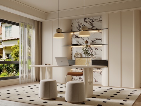 法式奶油风书房 书柜 书桌椅su模型