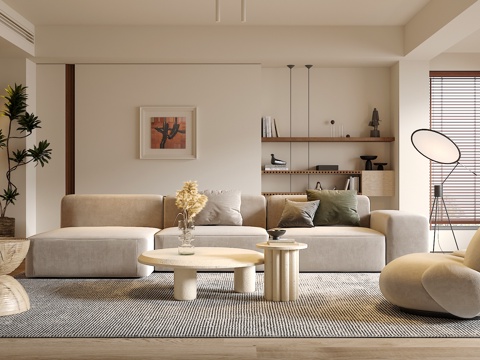 奶油侘寂风客厅 沙发茶几组合 绿植 饰品摆件 台灯  背景墙su模型