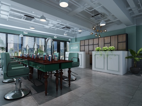  美式工业风理发店3d模型 