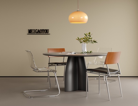 现代餐桌椅 圆形餐桌 餐椅 餐厅吊灯su模型