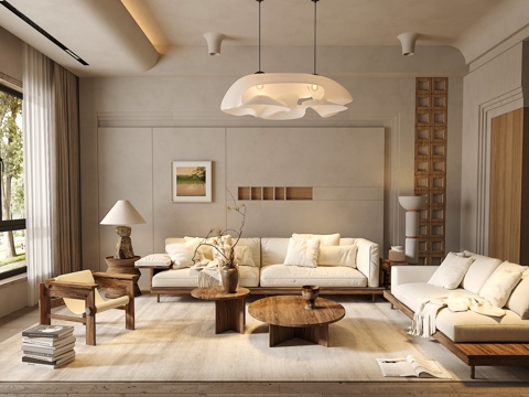 奶油侘寂风客厅 沙发茶几组合 绿植 饰品摆件 台灯  背景墙su模型