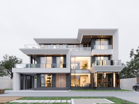 现代别墅建筑外观  现代三层别墅su模型