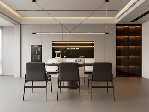 现代餐厅 餐桌椅组合 餐厅吊灯 现代酒柜 客餐厅su模型