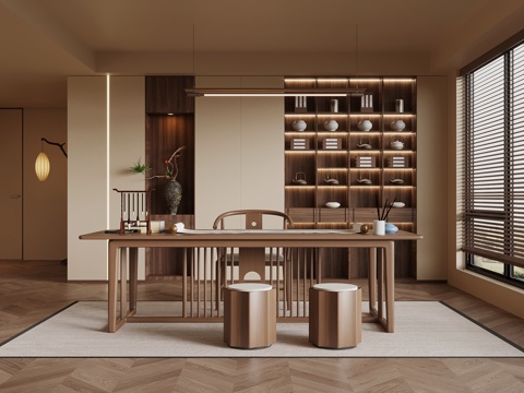 新中式茶室书房茶桌椅su模型