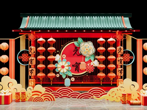 新中式 美陈 元宵节美陈 传统红灯笼 国潮美陈 春节新年美陈su模型