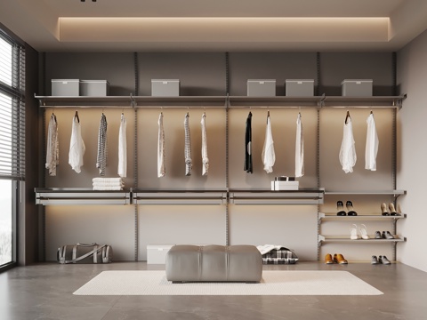 现代衣帽间 衣架 置物架su模型