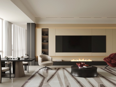 现代意式客厅 电视背景墙 客厅休闲椅 木饰面背景墙 休闲椅su模型