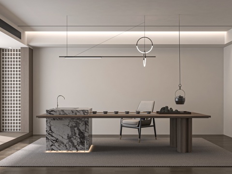 现代中式新中式茶室 茶桌组合 茶台su模型