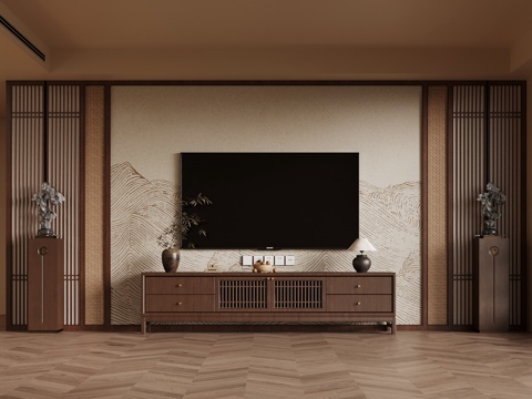 新中式电视背景墙su模型