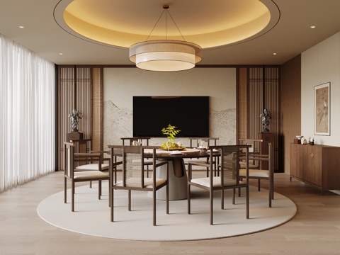 新中式餐饮包厢 包间 餐桌椅su模型