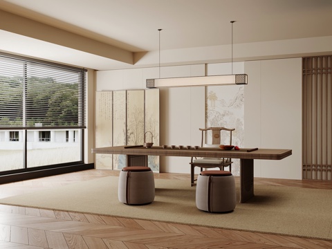 新中式茶室 茶桌椅 背景墙su模型