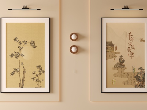 宋氏中古风挂画 长条挂画  挂画组合su模型