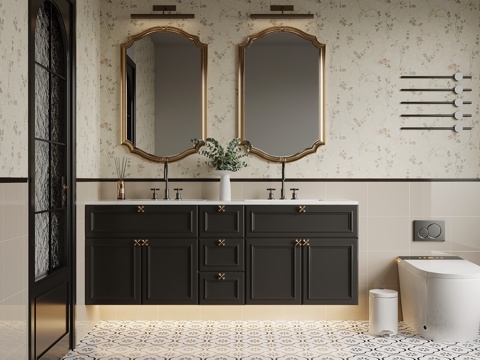 法式复古风双人位浴室柜 镜子 马桶su模型