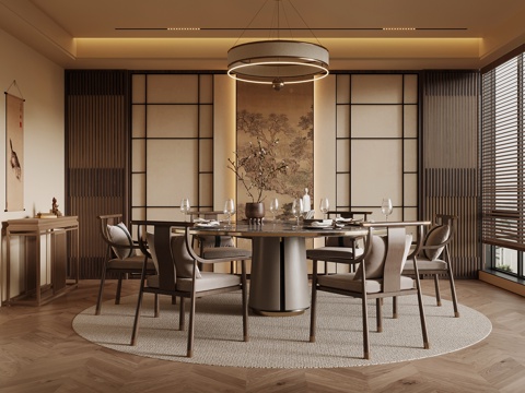 新中式餐饮包厢 包间 餐桌椅su模型