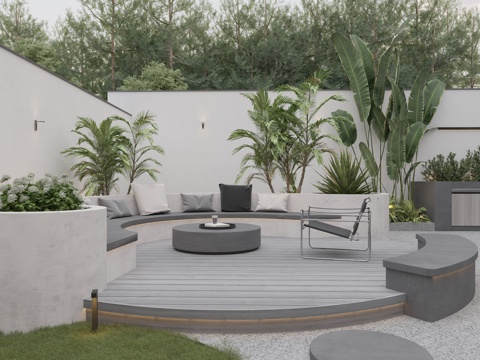  现代庭院景观 弧形卡座 圆形木平台组合3d模型 