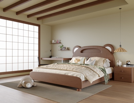 中古风儿童房 儿童床 书桌椅 衣柜su模型