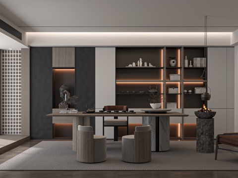 现代新中式茶室 茶桌组合 茶台su模型