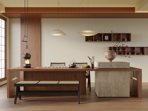 复古风茶室 茶桌椅 吊灯 茶具su模型