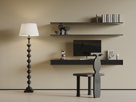 现代书桌椅 书柜 落地灯su模型