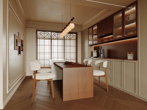  中古风餐厅 酒柜 餐桌椅 岛台3d模型 