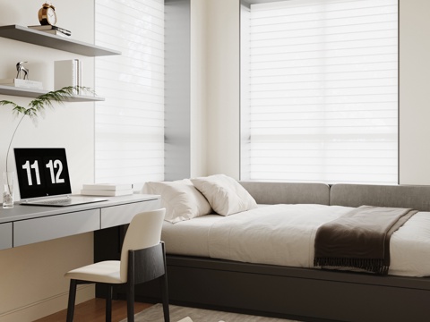 现代榻榻米卧室 双人床 书桌椅su模型