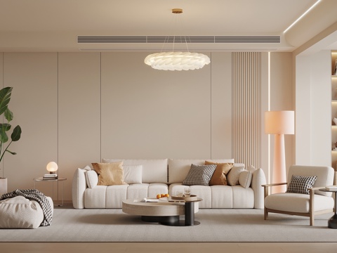 现代奶油风客厅 沙发茶几组合 沙发背景墙su模型