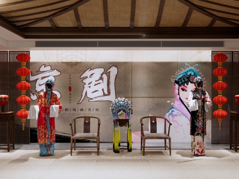新中式 展厅 戏曲文化展厅 戏服头冠 油纸伞 灯笼 非遗文化su模型